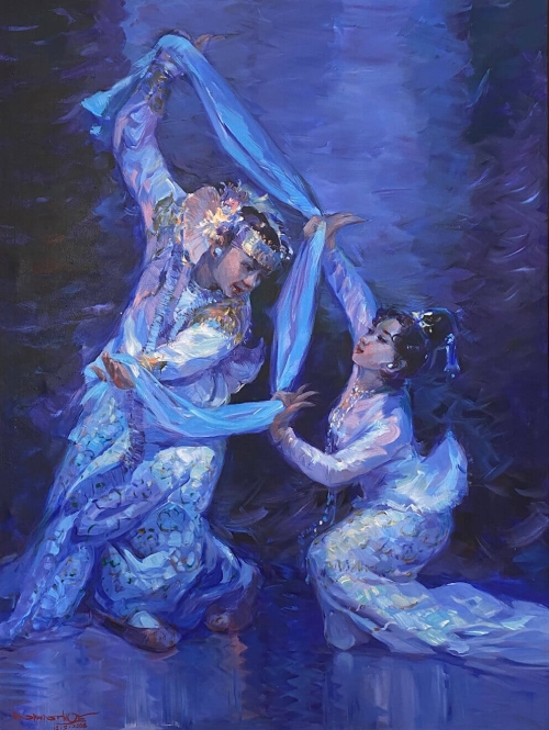 a painting of a couple of people in blue dresses