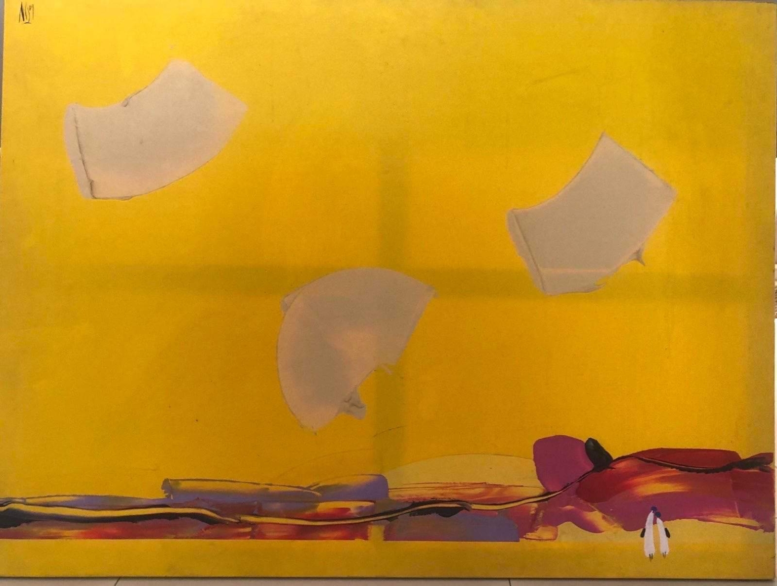 a yellow painting with white pieces of paper on it