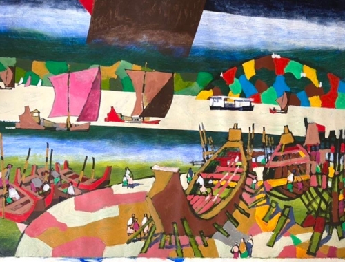 a painting of boats on a beach