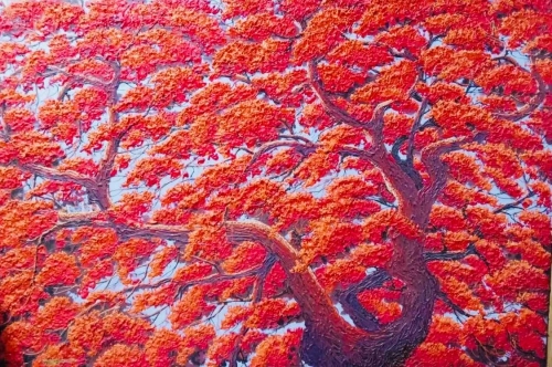 a painting of a tree with orange leaves